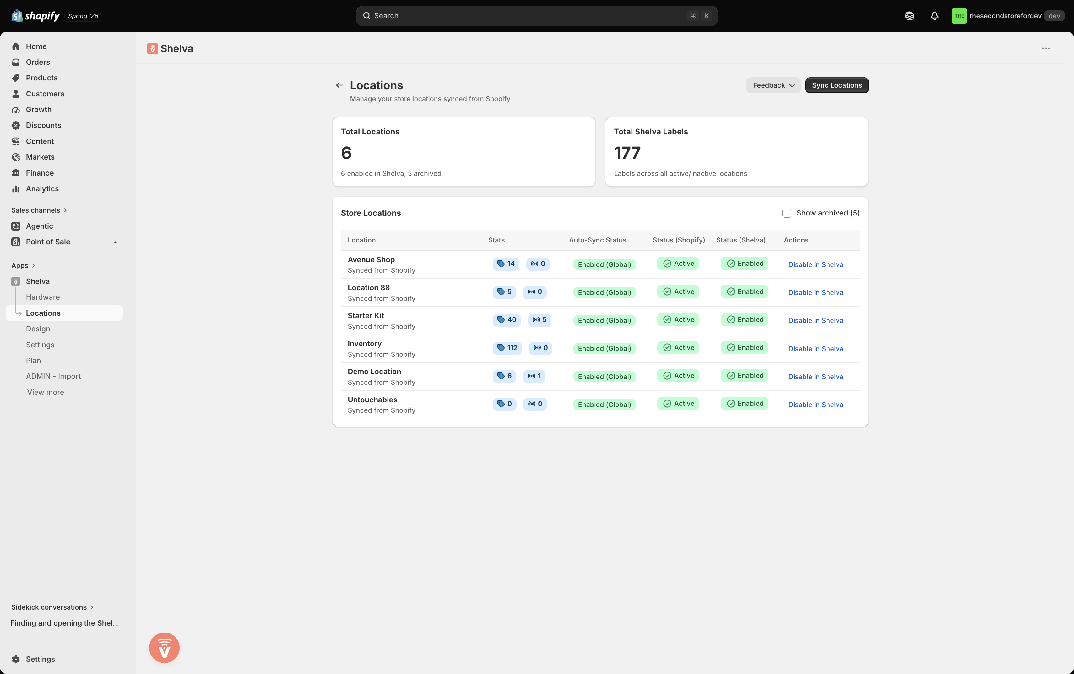 Shelva Locations page listing Shopify locations and their Shelva status