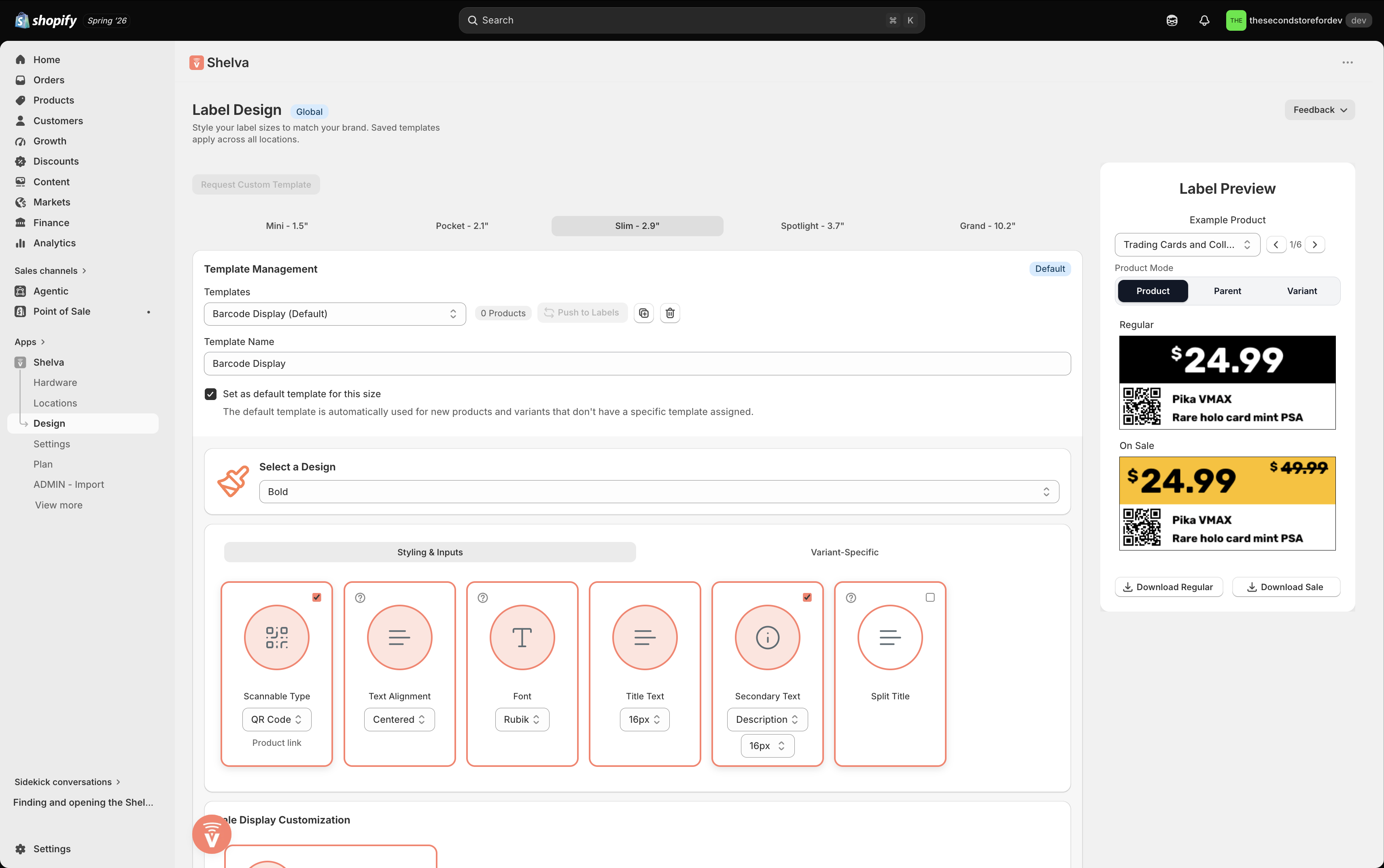 Shelva Label Design page with template controls and live label previews