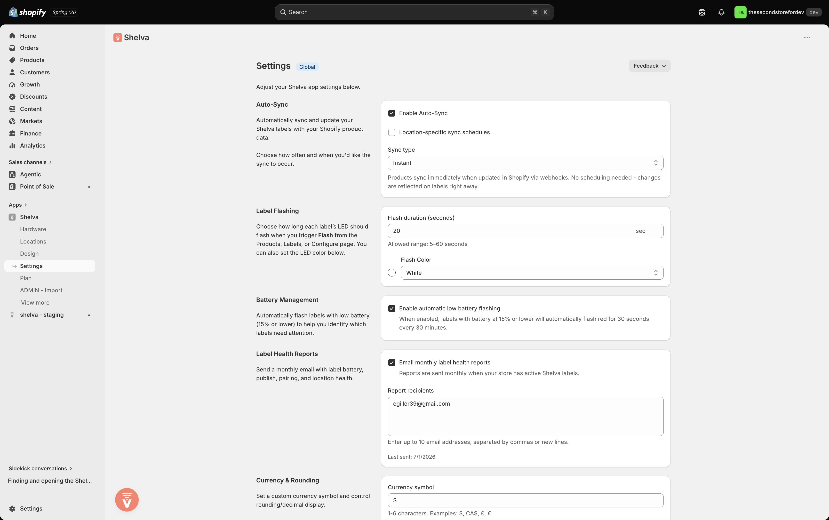 Shelva Auto-Sync settings configured for Instant sync