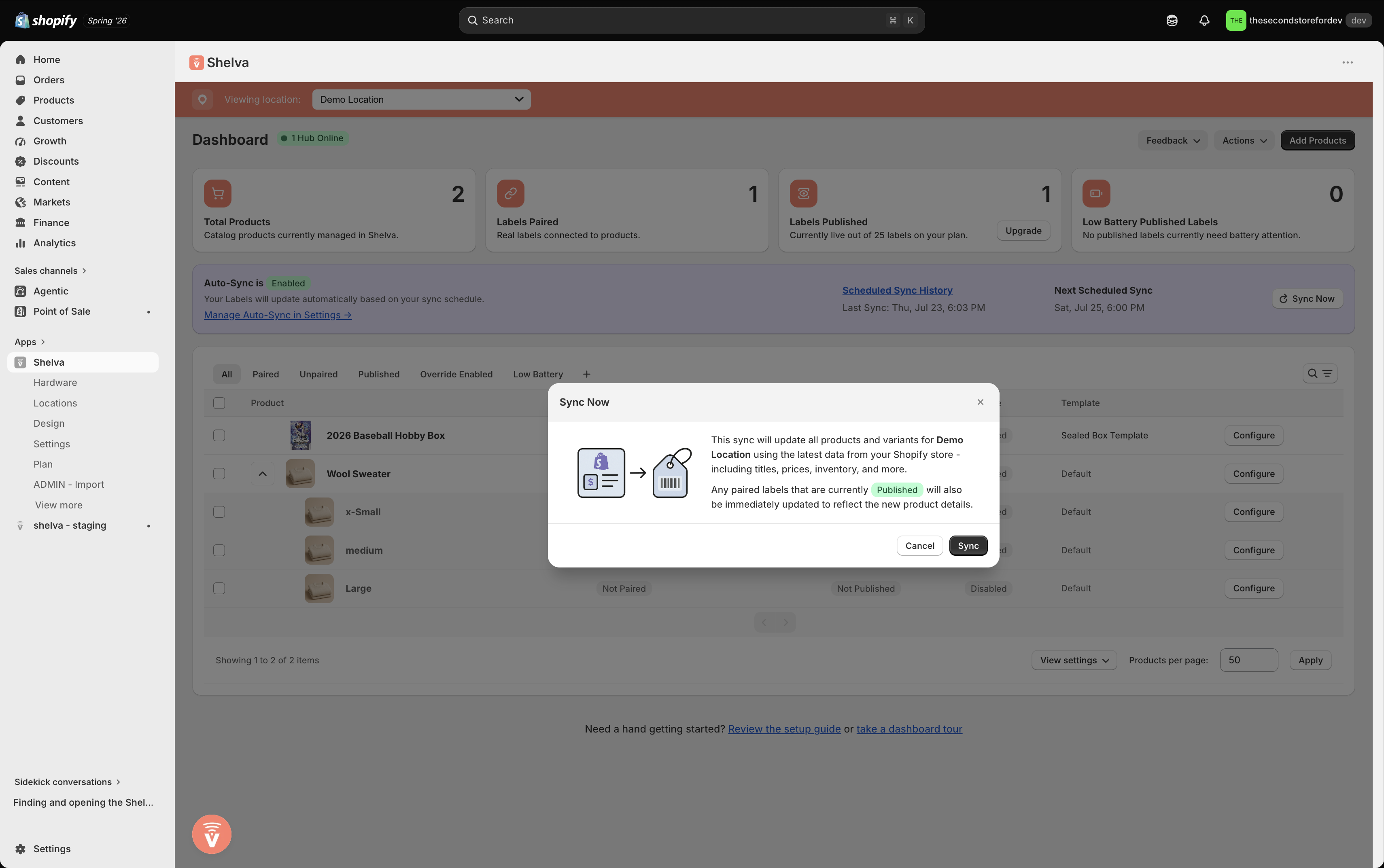 Shelva Sync Now confirmation modal