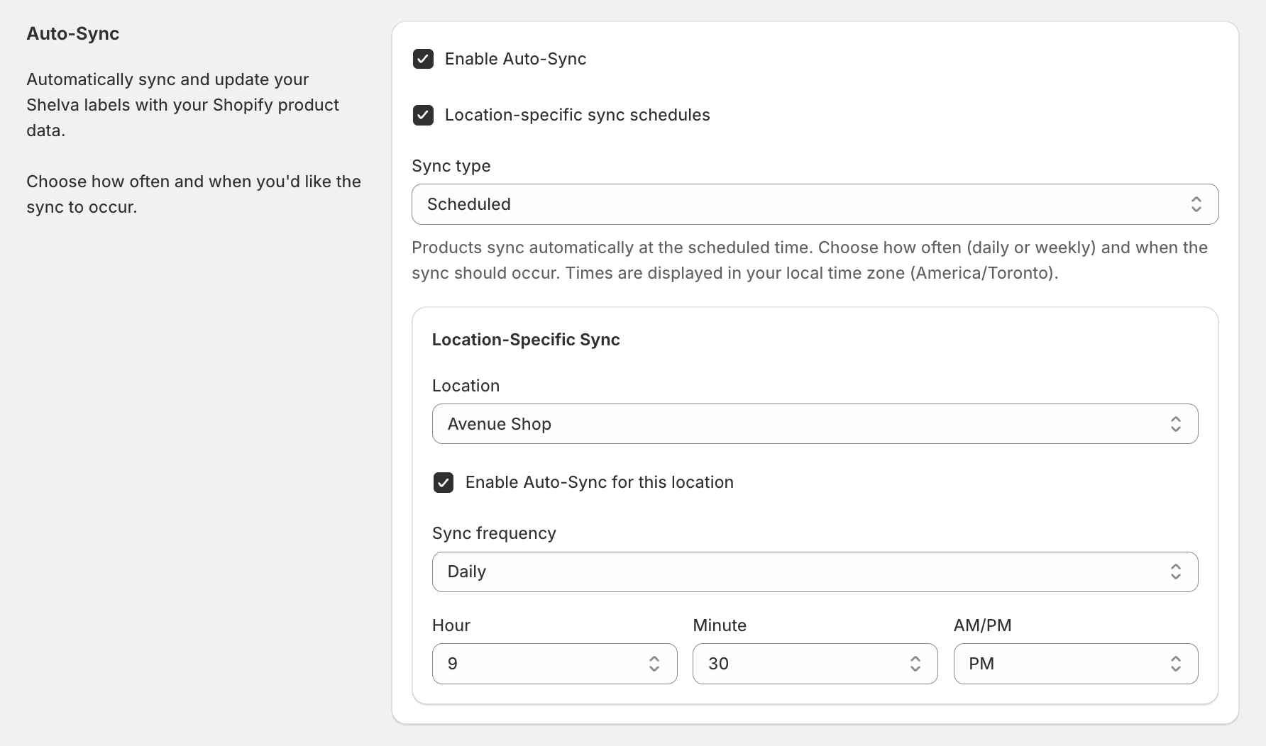 Shelva scheduled Auto-Sync settings for one location