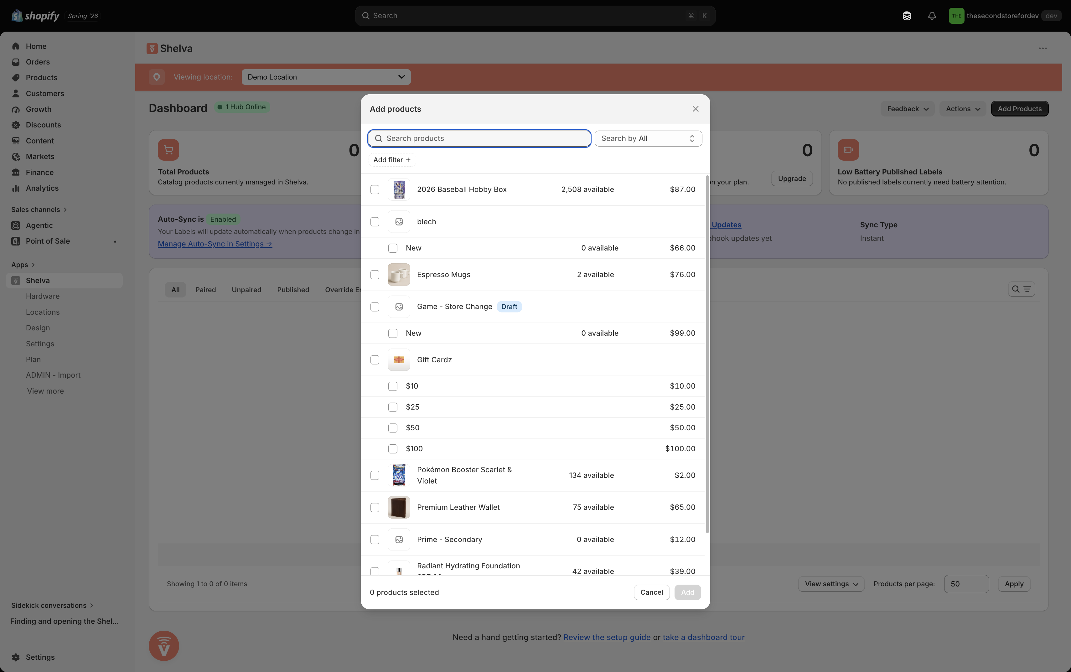 Add Products modal with Shopify products available for selection
