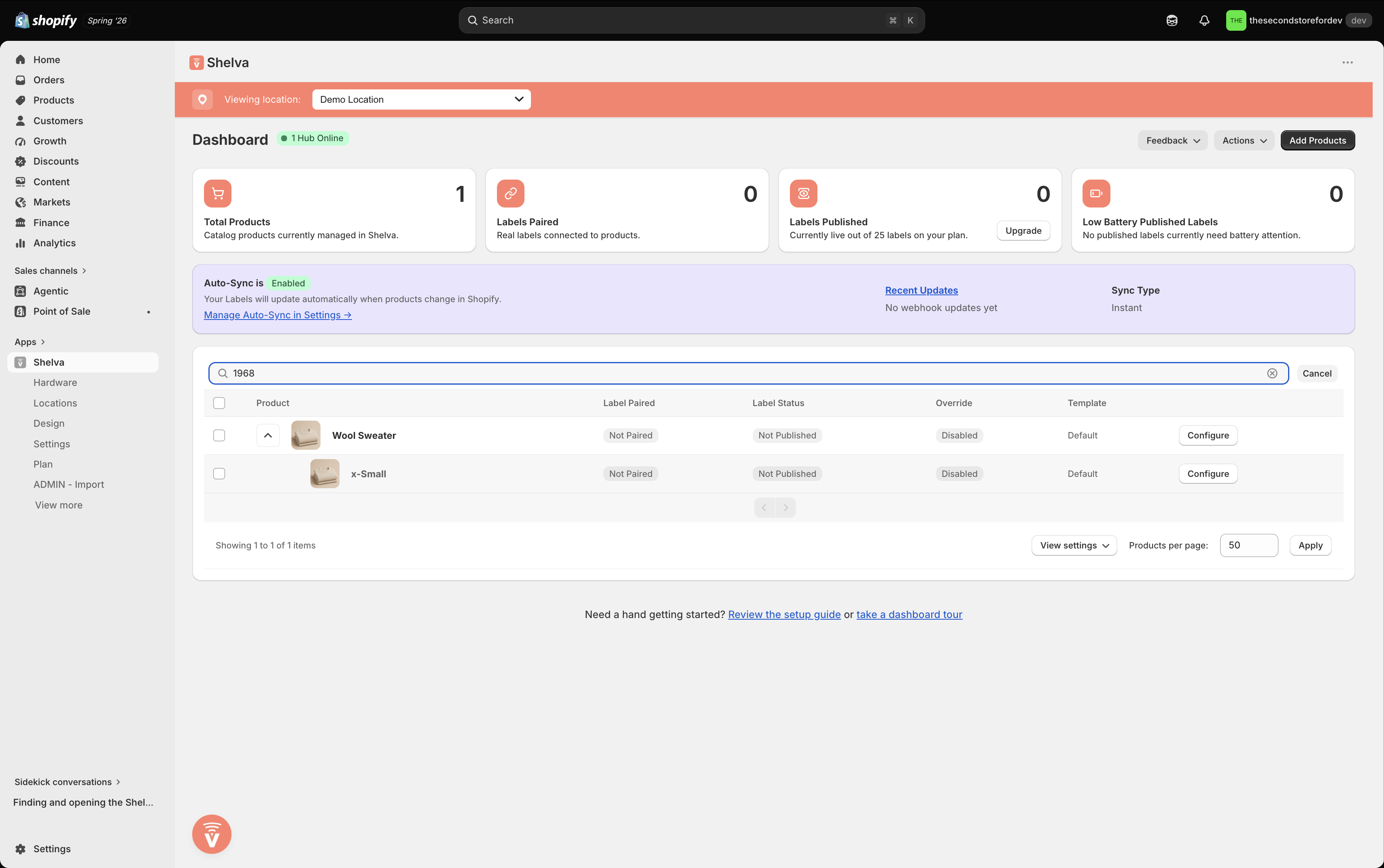 Shelva products page showing a barcode search result
