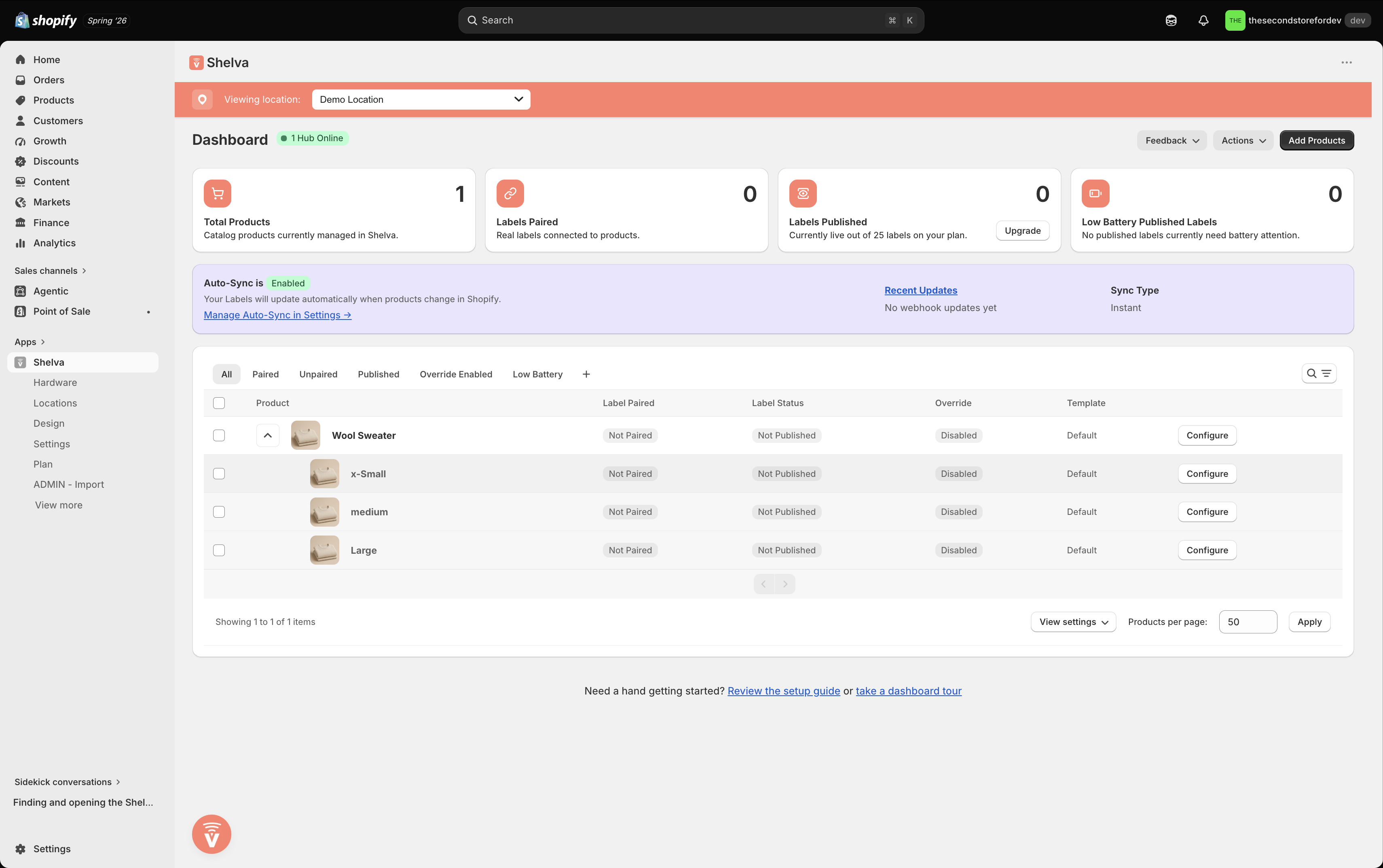 Shelva product table with a parent product expanded to show variants