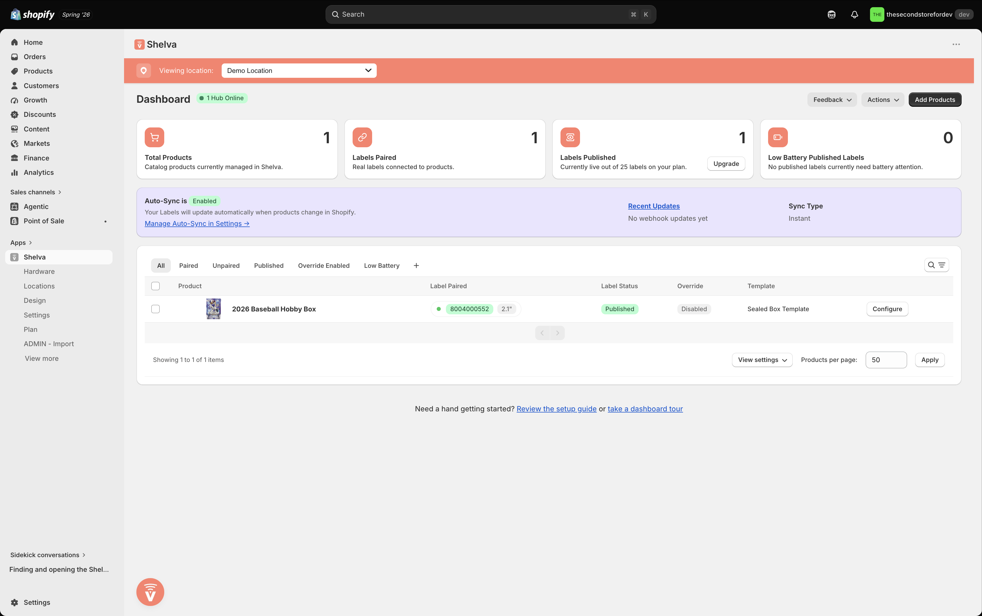 Shelva Dashboard with one managed product row